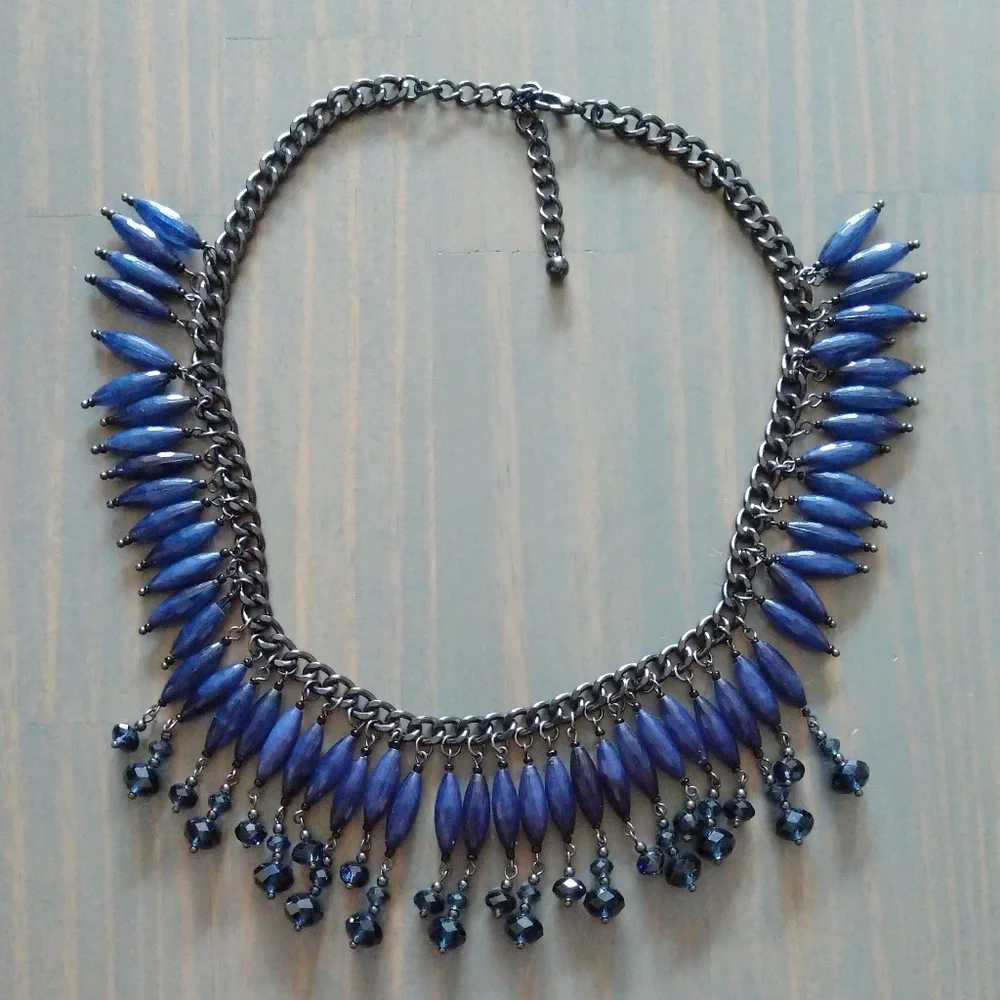 Dark blue beaded fringe tassel statement necklace